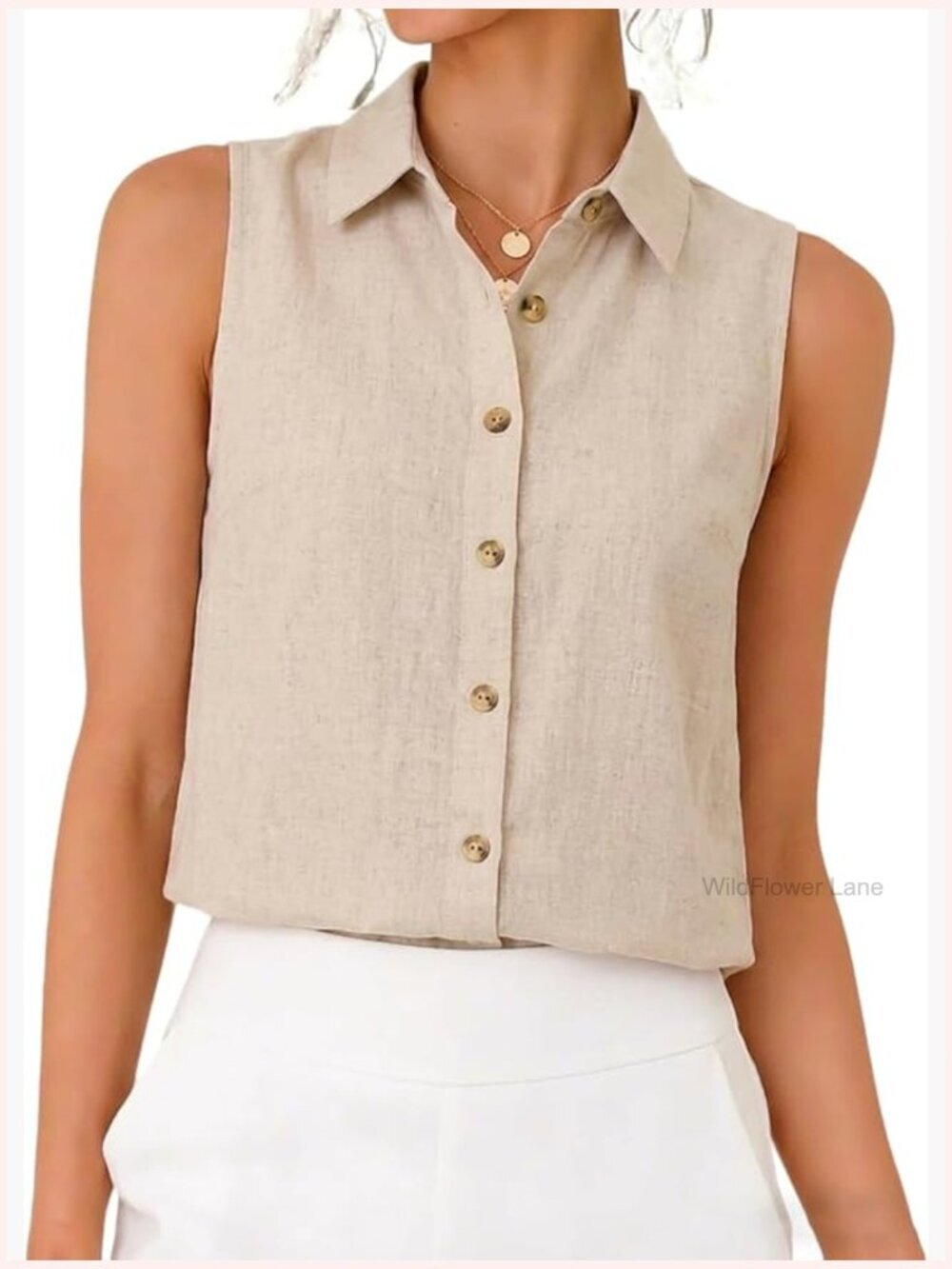 Woven Linen Blend Sleeveless Button Down Tank Top